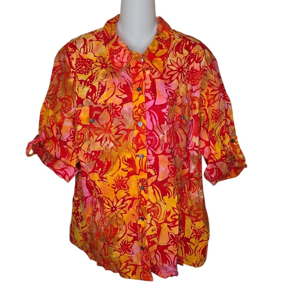 Caribbean Joe Vintage Cotton Button-Down Hawaiian Floral Print Shirt Blouse 2X